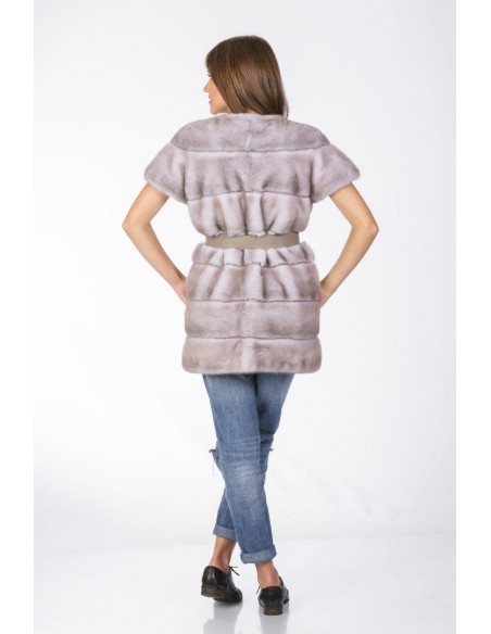 Short grey mink coat with short sleeves and gry leather belt back side