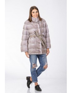 short grey mink coat with grey 
leather belt front side