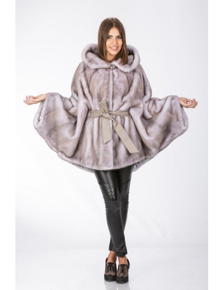 Oversized short mink coat with hood and grey leather belt front side