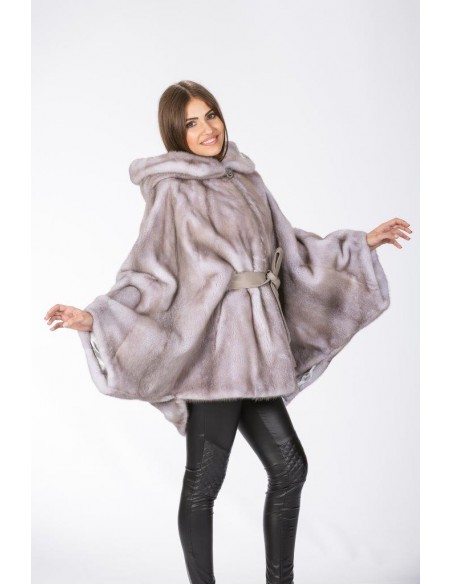 Oversized short mink coat with hood and grey leather belt front side