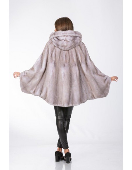 Oversized short mink coat with hood and grey leather belt back side