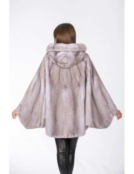 Oversized short mink coat with hood and grey leather belt back side