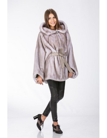 Oversized short mink coat with hood and grey leather belt front side