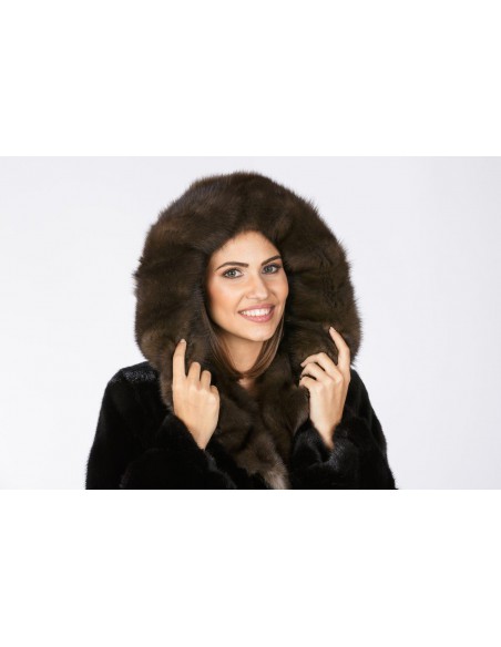 Black mink fur coat with brown sable hood front side