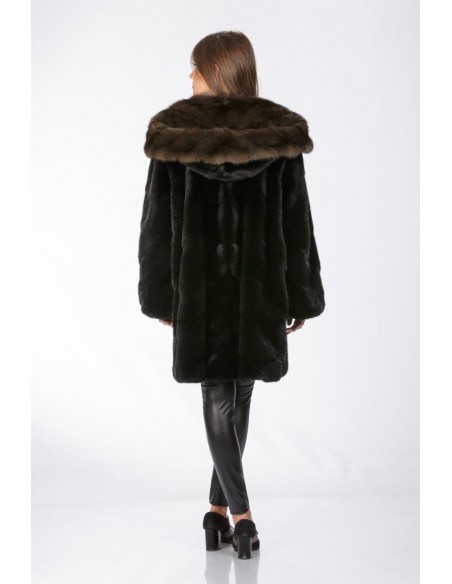 Black mink fur coat with brown sable hood back side