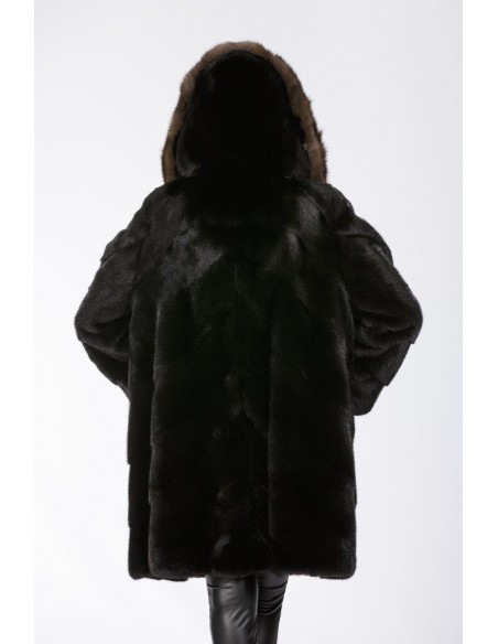 Black mink fur coat with brown sable hood back side
