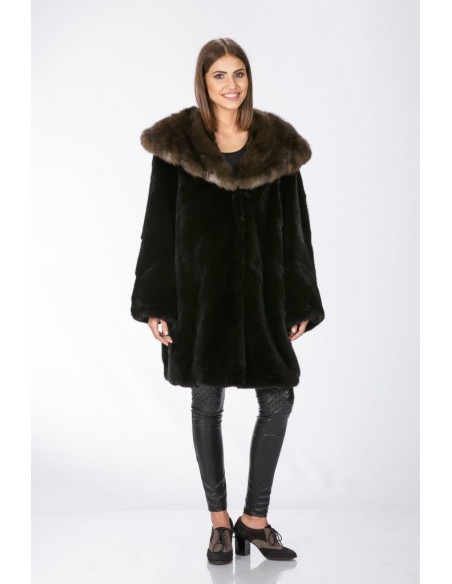 Black mink fur coat with brown sable hood front side