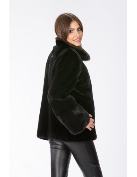 Black mink jacket with brown sable collar right side