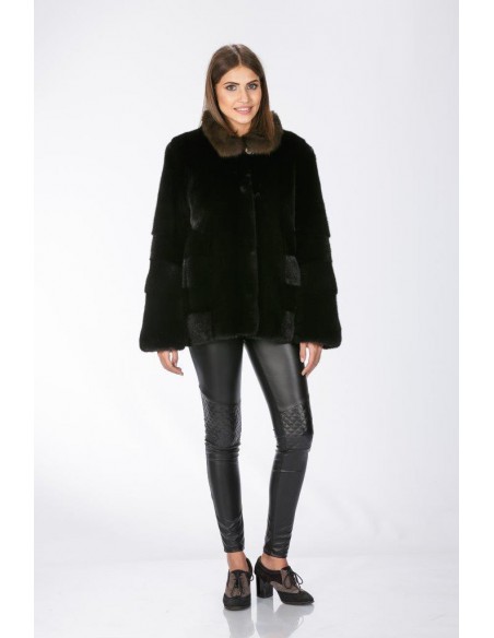 Black mink jacket with brown sable collar front side