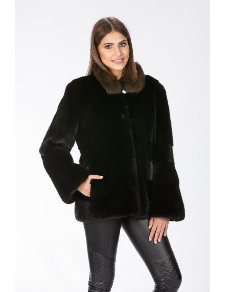 Black mink jacket with brown sable collar front side
