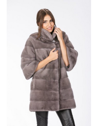 Short silver blue mink coat with 3/4 sleeves front side