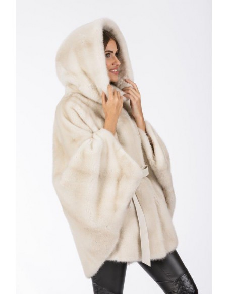 Oversized pearl white mink coat with hood right side