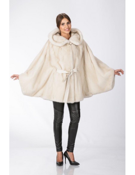 Oversized pearl white mink coat with hood front side