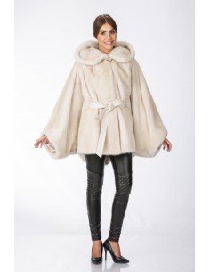 Oversized pearl white mink coat with hood front side