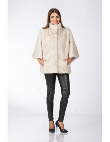 Pearl white mink jacket with 3/4 sleeves front side
