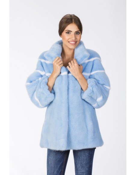 Short light blue mink coat with white stripes front side
