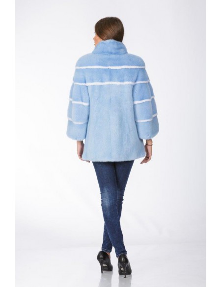 Short light blue mink coat with white stripes back side