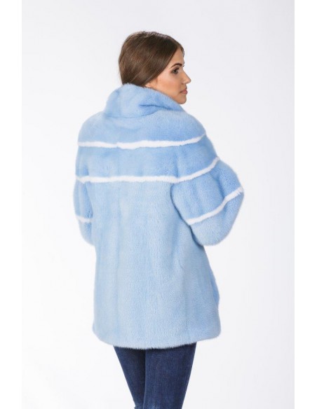 Short light blue mink coat with white stripes back side