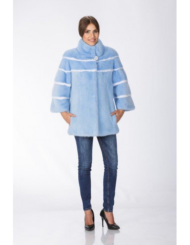 Short light blue mink coat with white stripes front side