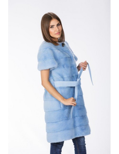 Light blue mink coat with short sleeves and leather belt right side