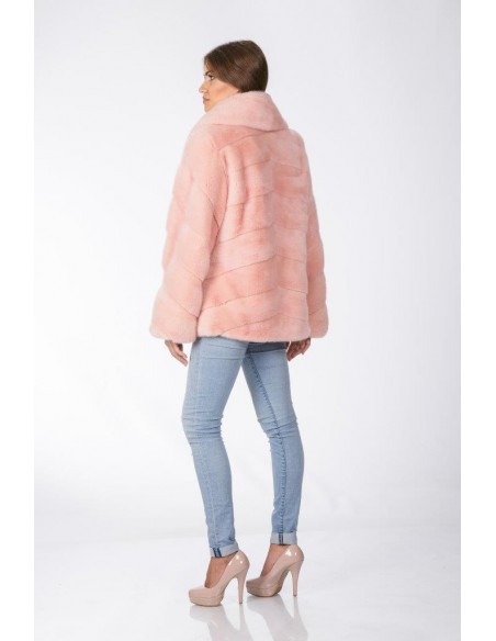 Pink mink jacket with low fur collar back side