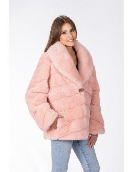 Pink mink jacket with low fur collar front side