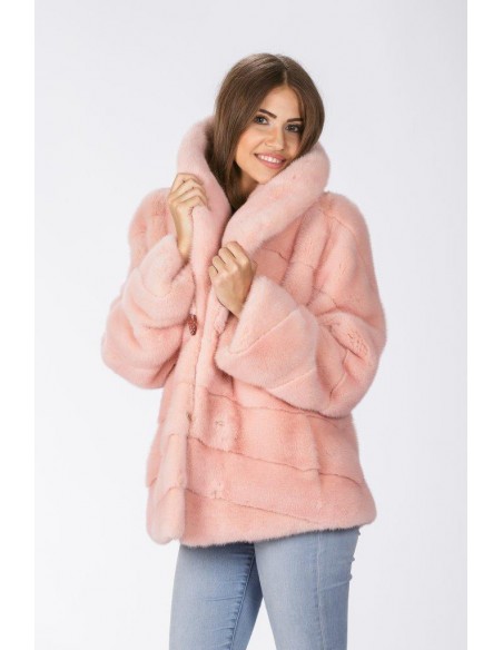 Pink mink jacket with low fur collar front side