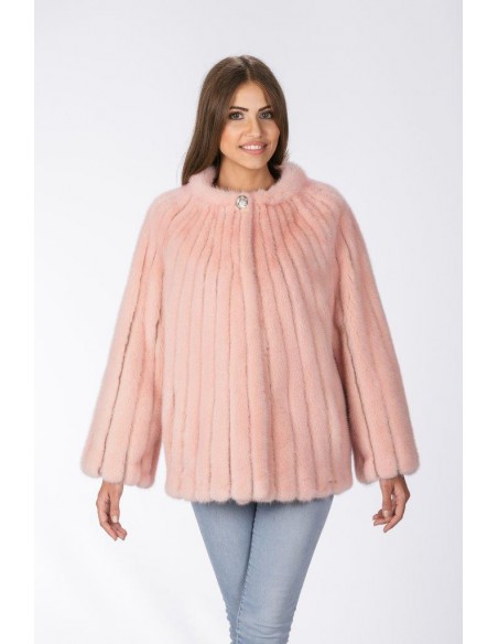 Pink mink jacket without collar front side