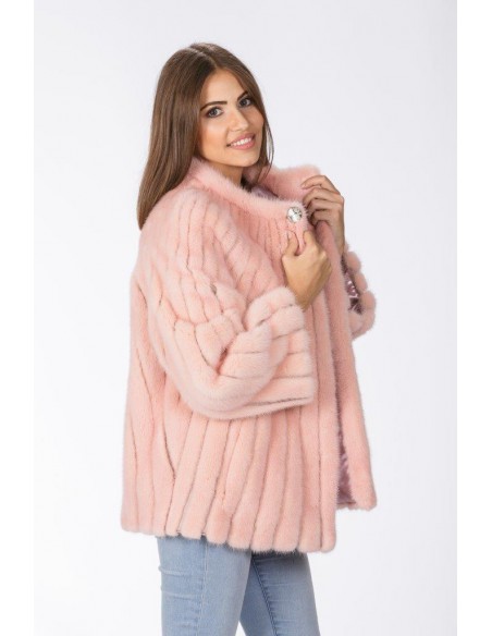 Pink mink jacket without collar right side