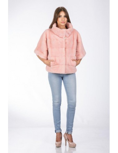 Pink mink jacket with high fur collar front side
