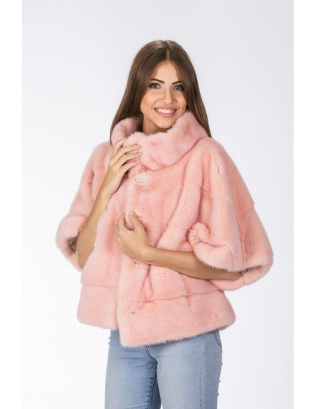 Pink mink jacket with high fur collar front side