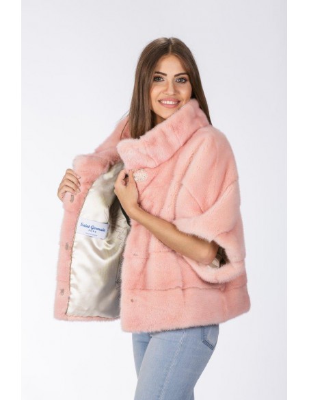 Pink mink jacket with high fur collar front side