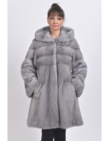 blue grey mink coat with fur hood front side