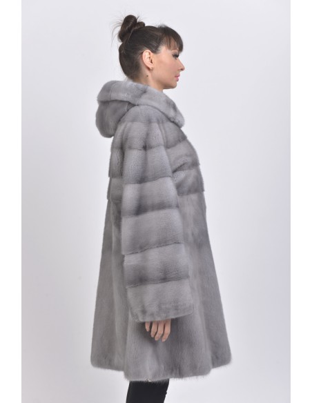 blue grey mink coat with fur hood back side