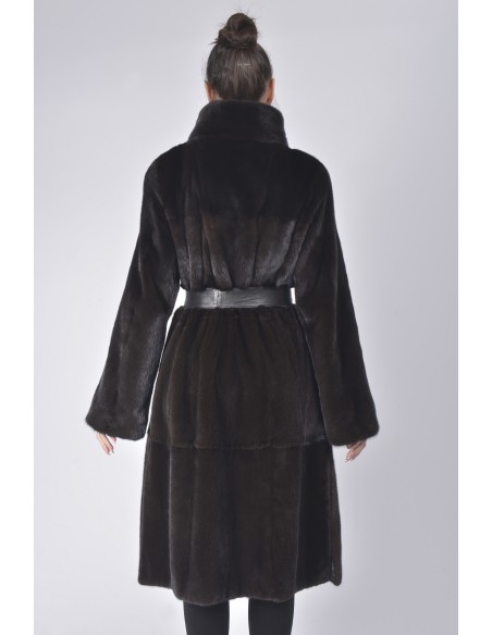 black mink coat with black leather belt and high collar back side