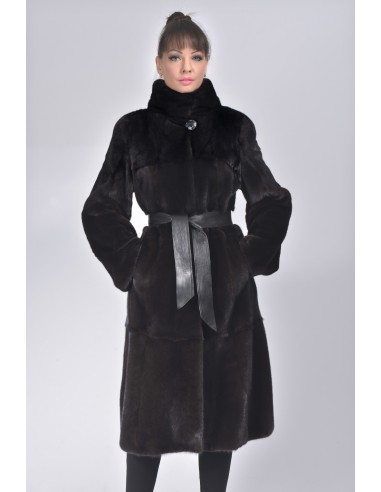 black mink coat with black leather belt and high collar front side