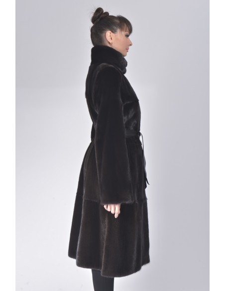 black mink coat with black leather belt and high collar right side