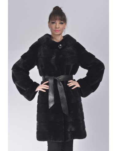No collar black mink coat with black leather belt front side