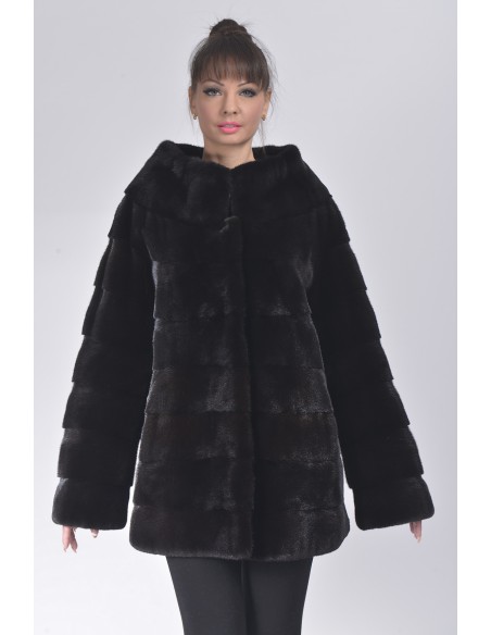 Short black mink coat without collar front side