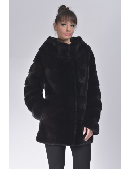 Short black mink coat without collar front side