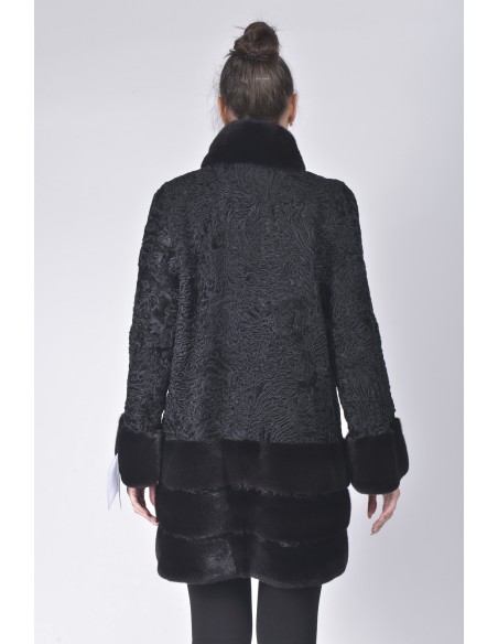 Short black karakul fur coat with black mink fur back side