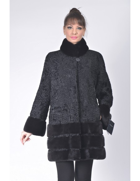 Short black karakul fur coat with black mink fur front side