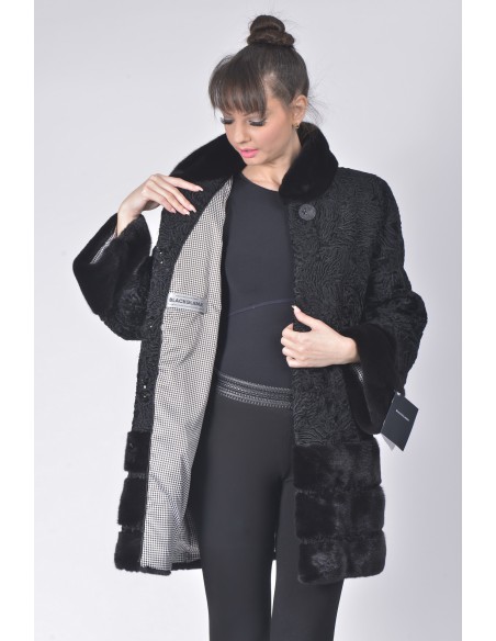 open short black karakul fur coat with black mink fur front side