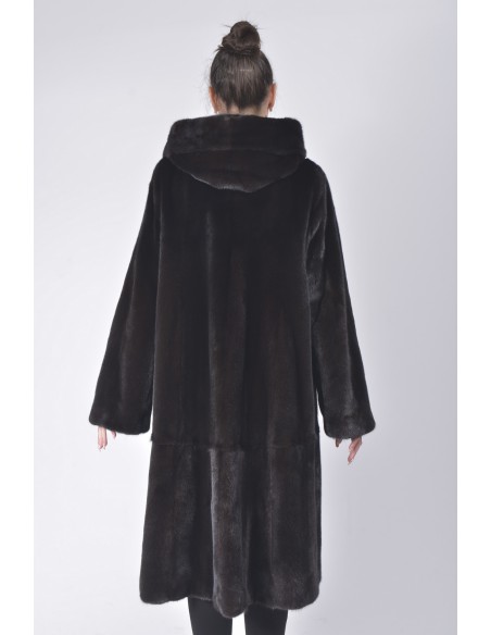 Long black mink coat with hood back side