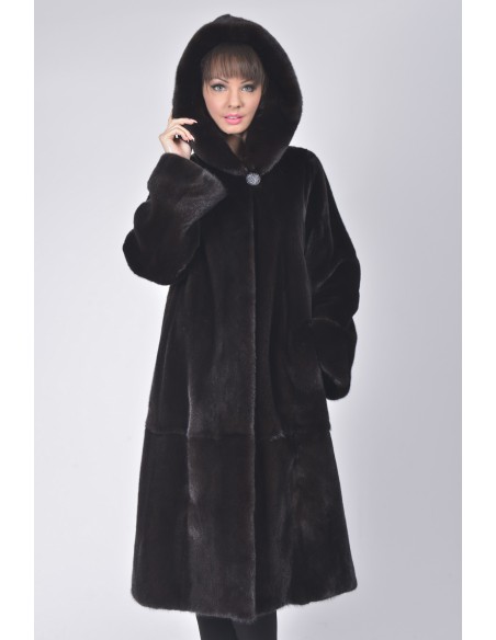 Long black mink coat with hood front side