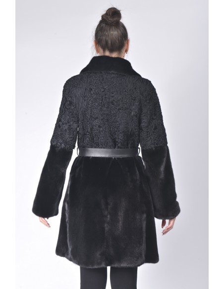 Black mink and karakul fur coat with  black leather belt back side