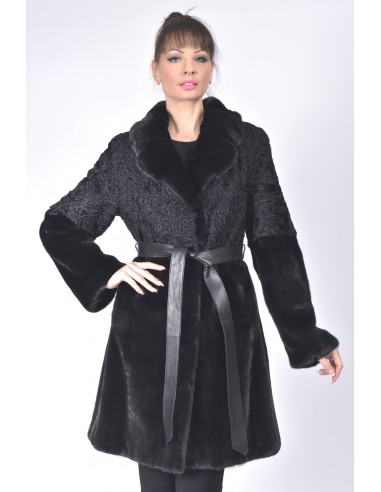 Black mink and karakul fur coat with  black leather belt front side