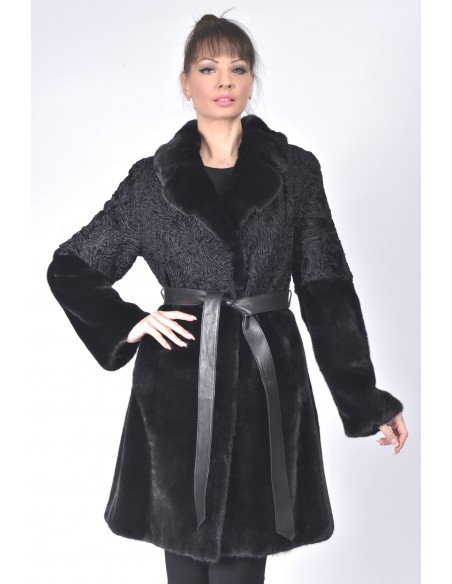 Black mink and karakul fur coat with  black leather belt front side