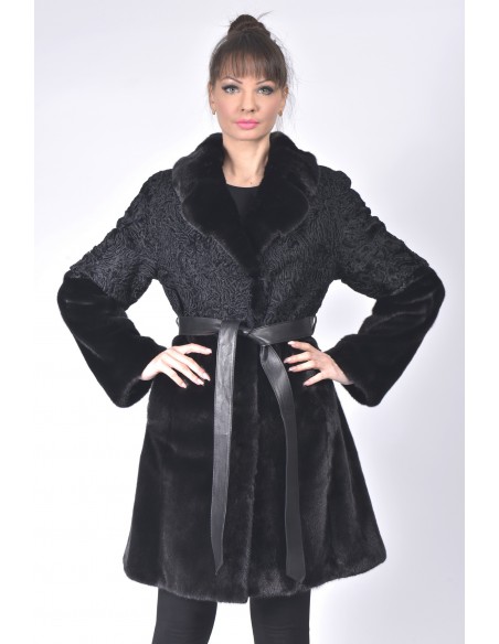 Black mink and karakul fur coat with  black leather belt front side
