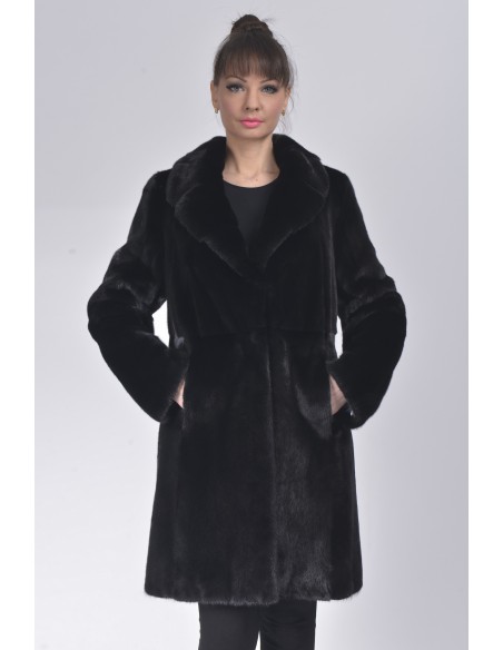 Black mink fur coat with lapel fur collar front  side